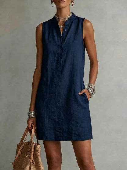 Sleeveless Linen Button-Front Mini Dress
