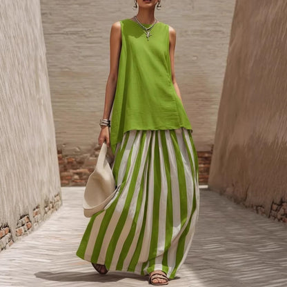 Solid Tank Top Striped Maxi Skirt Matching Set