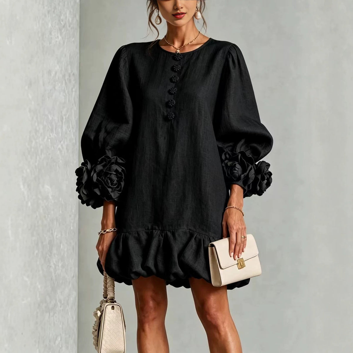 Floral Cotton-Linen Ruffled Dress