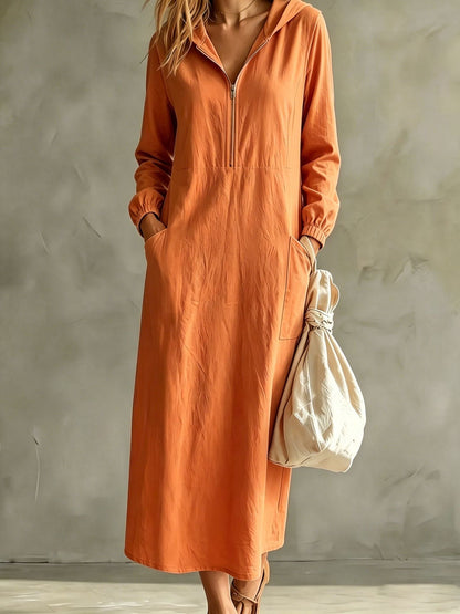 Hooded Zip-Neck Midi Dress