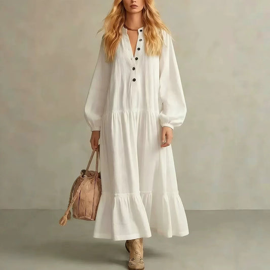 Crinkled Half Button Balloon Sleeve Tiered Ruffle Maxi Dress