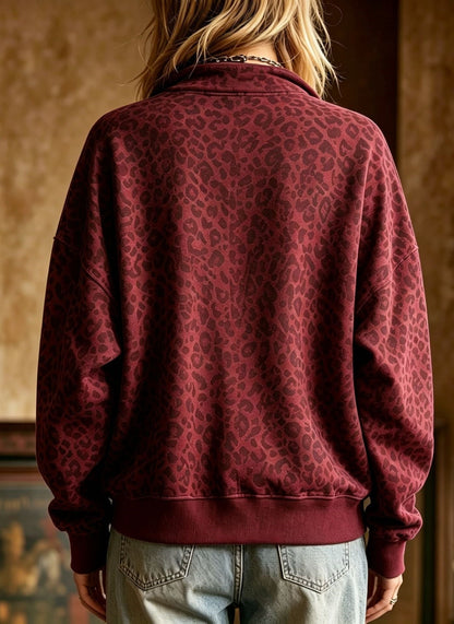 Women's Vintage Leopard Print Half Zip Long Sleeve Pullover Sweatshirt