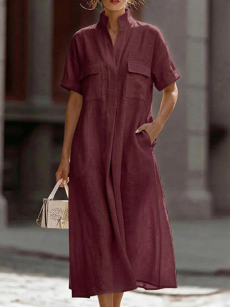 Linen Stand Collar Midi Shirt Dress