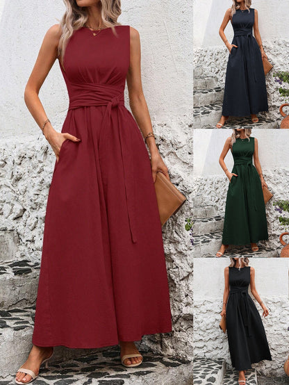 Sleeveless Wrap‑Tie Waist Maxi Dress