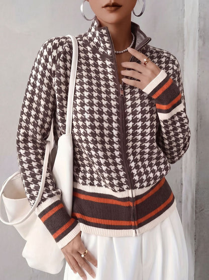 Women's Houndstooth Striped Zip Up Stand Collar Knit Cardigan