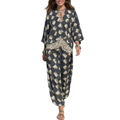Geometric Print V‑Neck Kimono Sleeve Top & Wide‑Leg Pants Two‑Piece Set
