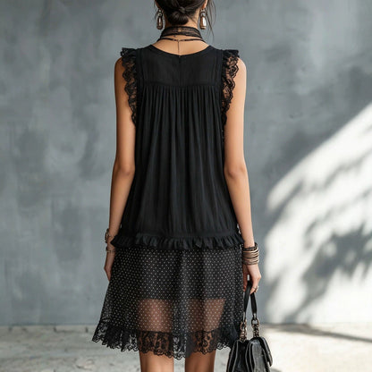Black Lace Trim Polka‑Dot Layered Chiffon Midi Dress