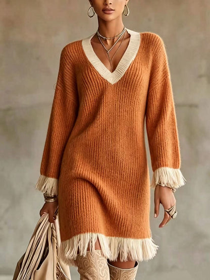 Women Color‑Block Knit Sweater Dress, V‑Neck Long Sleeve Fringe Trim Cuff & Hem Loose Fall Winter Mini Dress