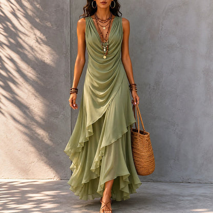 Sleeveless Draped V-Neck Asymmetrical Ruffle Maxi Dress