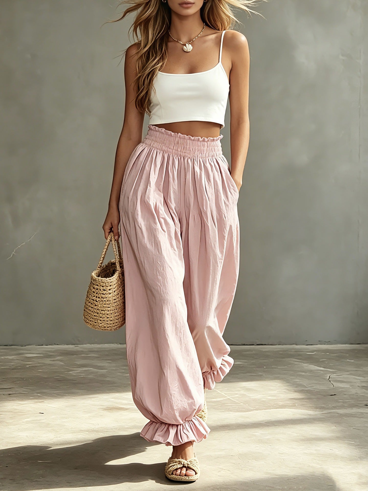 Casual Light Blue Ruffled Lantern Pants Elastic Waist Pants