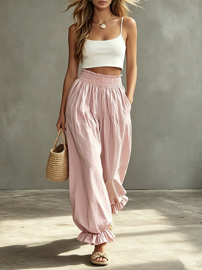 Casual Light Blue Ruffled Lantern Pants Elastic Waist Pants