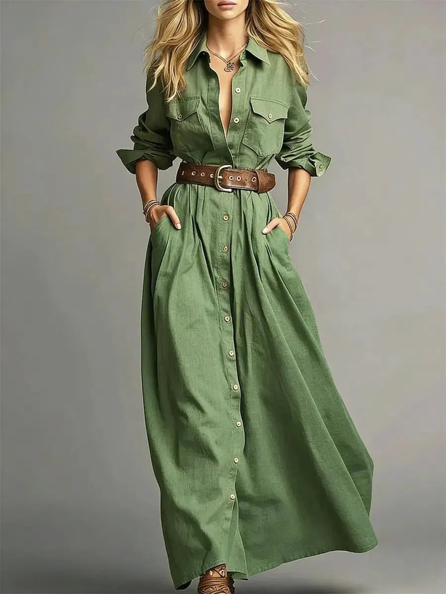 Lapel Collar Button Front Maxi Dress Women Long Sleeve A‑Line Casual Shirt Dress With Pockets