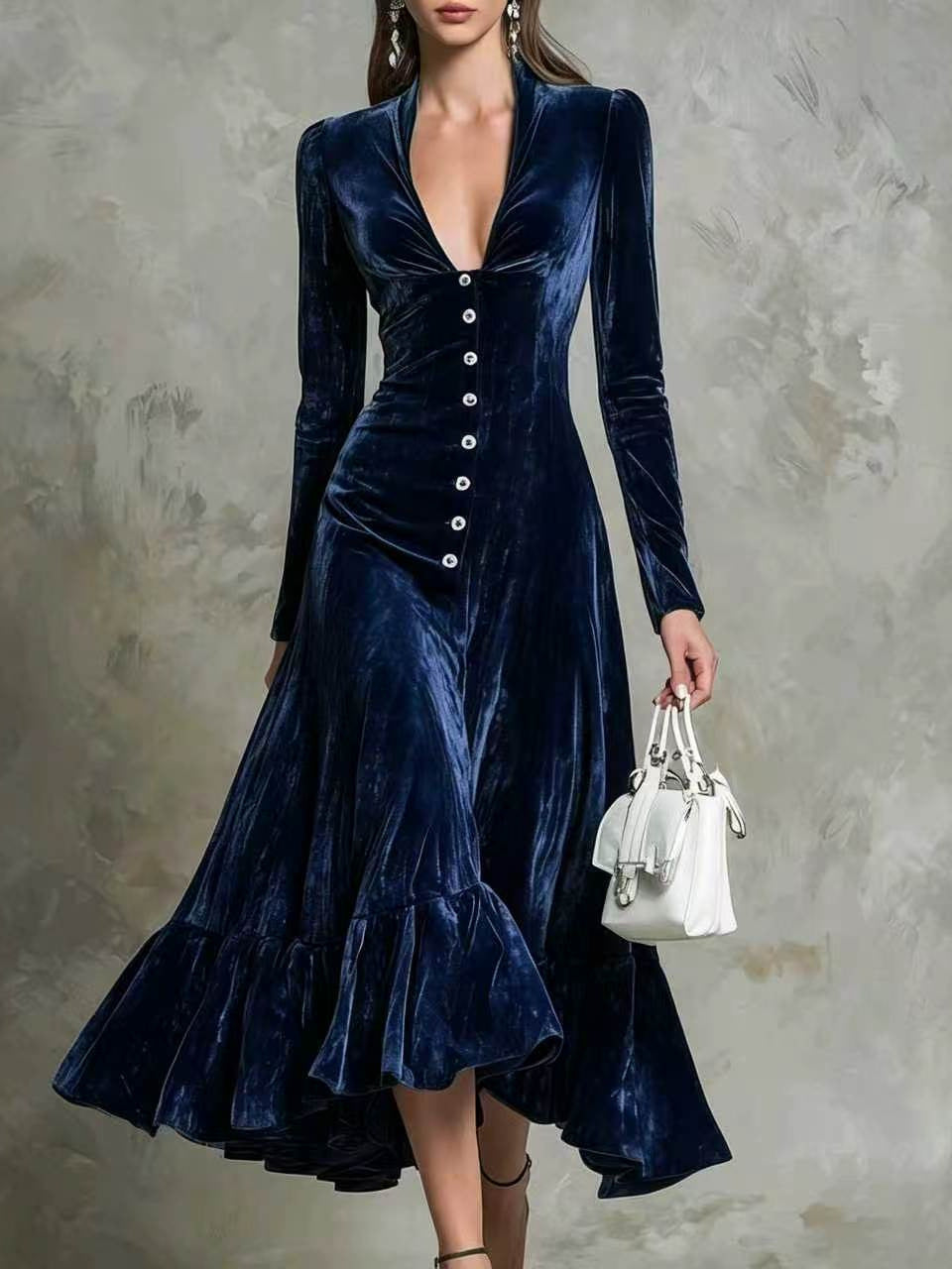 Button-Front Velvet Midi Dress
