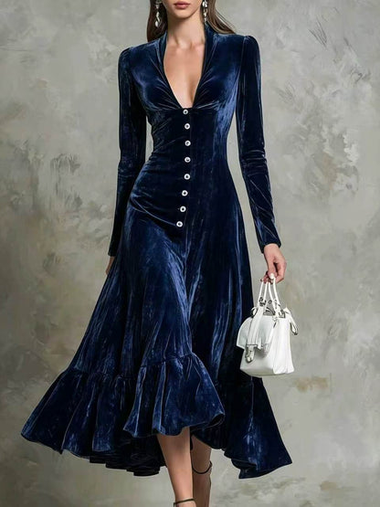 Button-Front Velvet Midi Dress