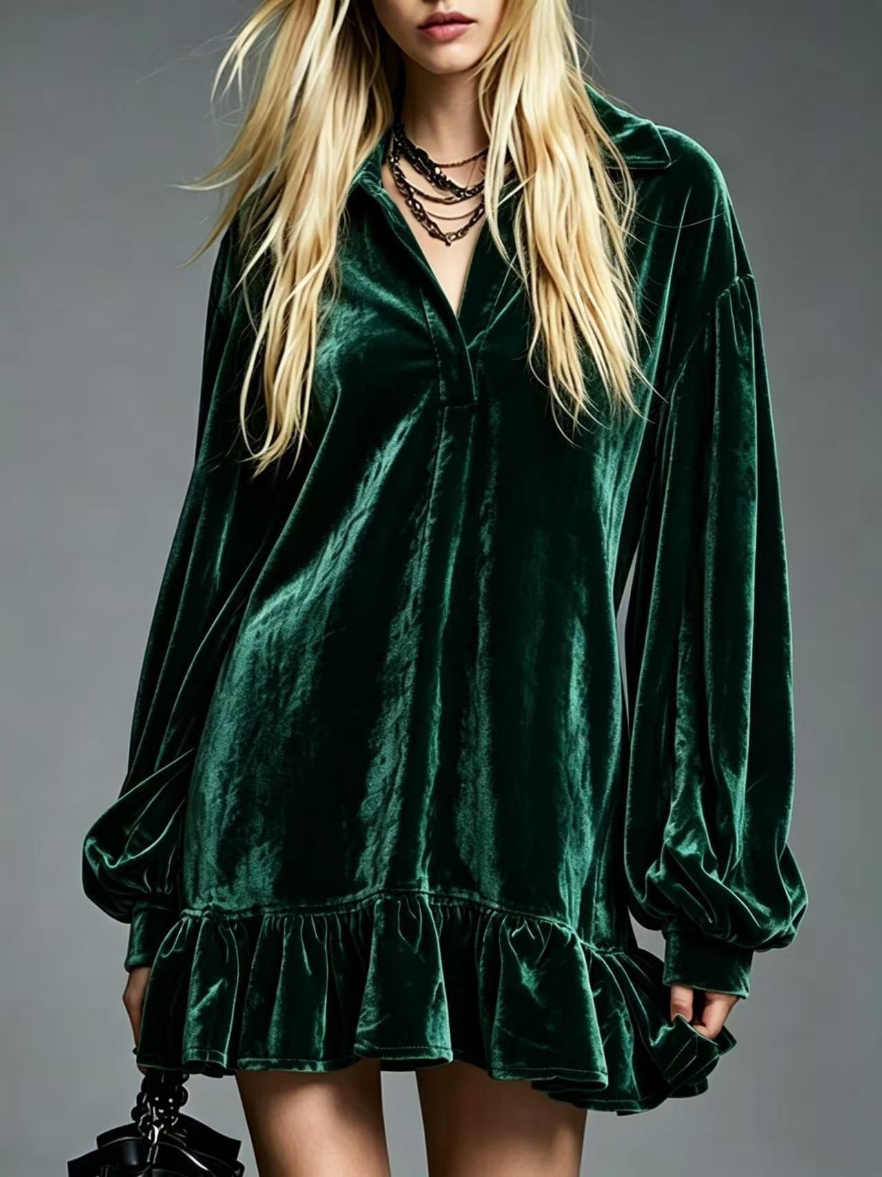 Velvet Ruffle Hem Mini Dress Women Lapel Long Sleeve Loose Casual Tunic Dress