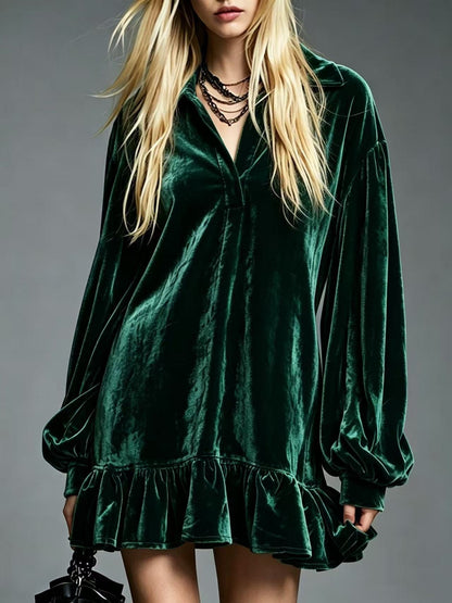 Velvet Ruffle Hem Mini Dress Women Lapel Long Sleeve Loose Casual Tunic Dress