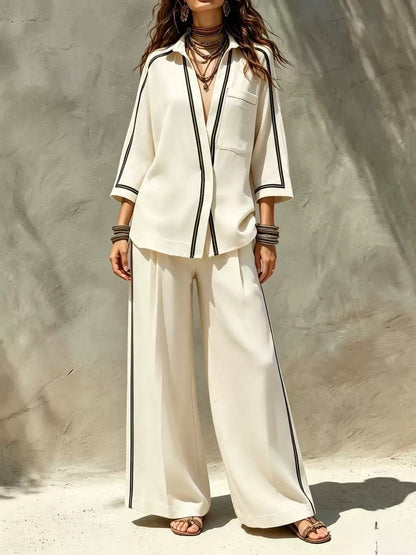 Contrast Trim Shirt & Wide‑Leg Pants Two‑Piece Set