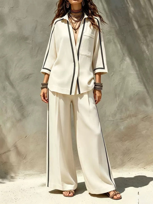 Contrast Trim Shirt & Wide‑Leg Pants Two‑Piece Set