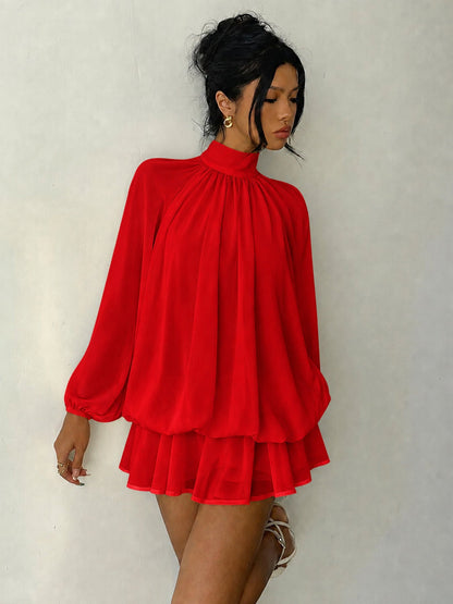 Mock Neck Long Sleeve Skort Dress Women Solid Ruffle Layer Hem Loose Casual Mini Dress