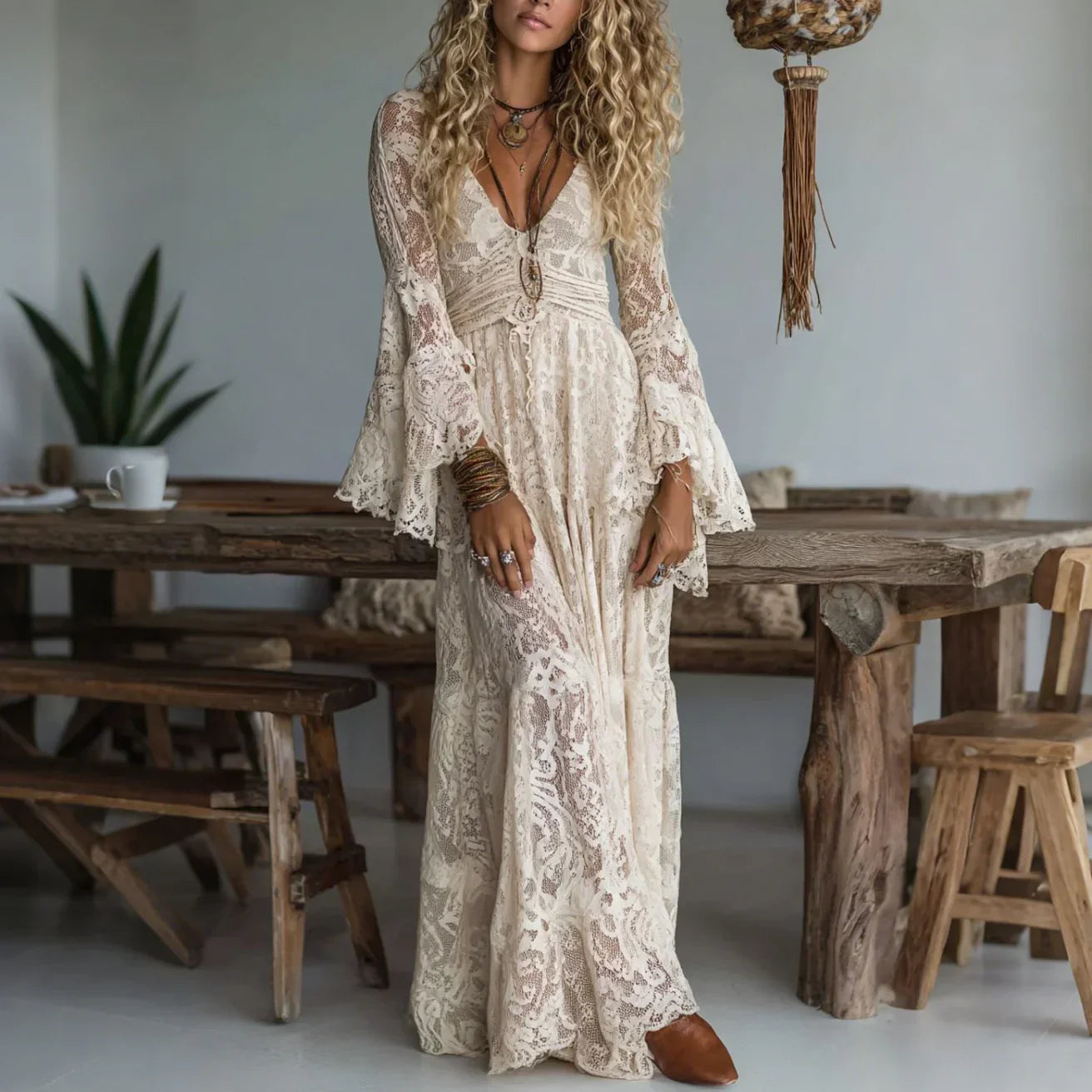 Lace Bell-Sleeve Maxi Dress