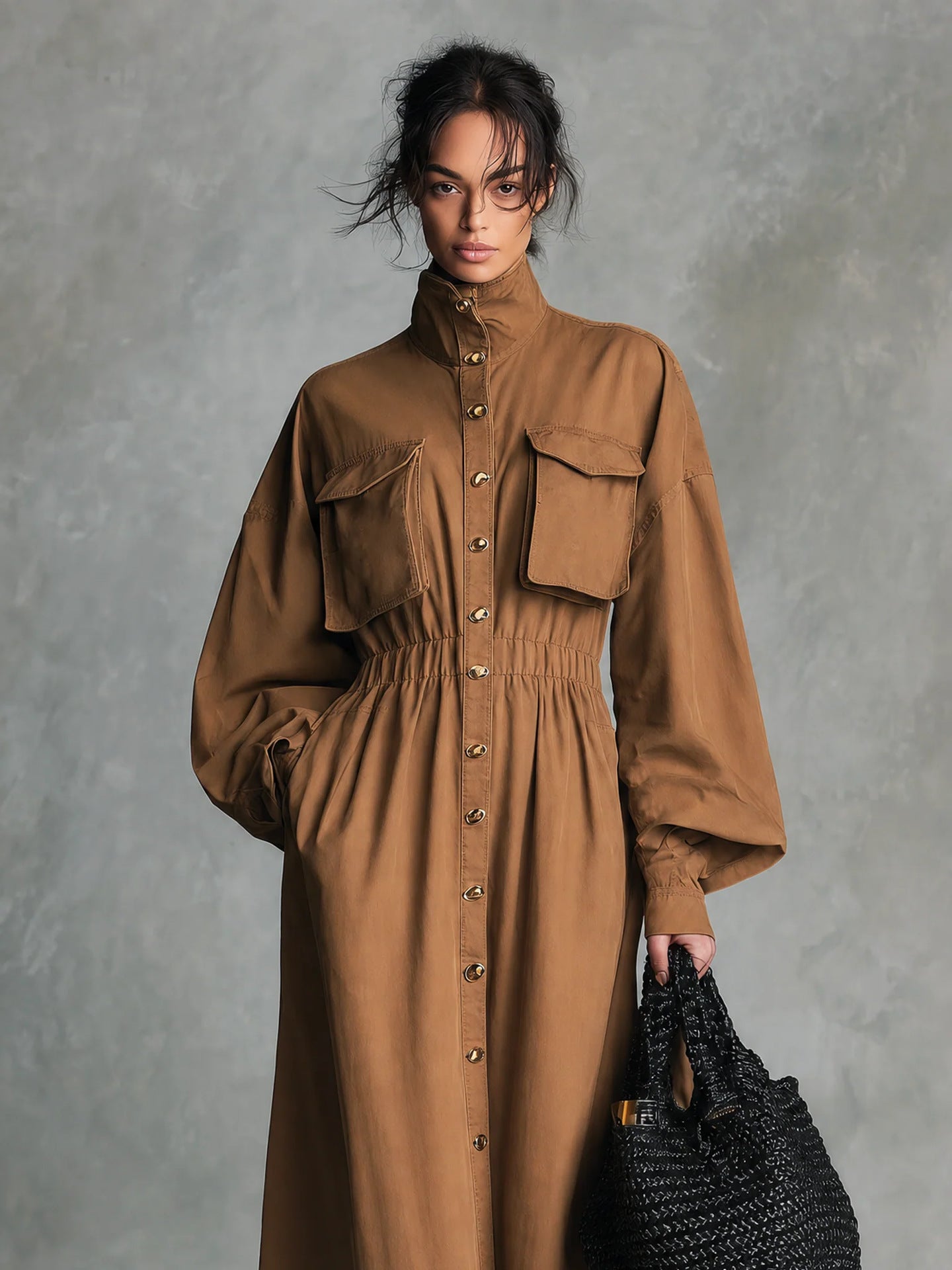 Women's Solid Beige Stand Collar Pocket Elastic Waist Long Sleeve Shirt Midi Dress