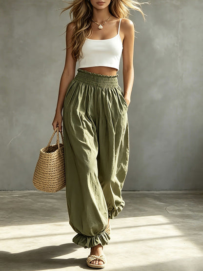 Casual Light Blue Ruffled Lantern Pants Elastic Waist Pants