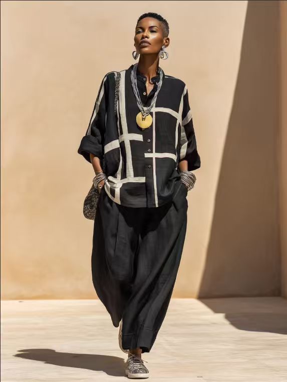 Geometric Print Linen Two Piece Shirt & Wide Leg Pant Set