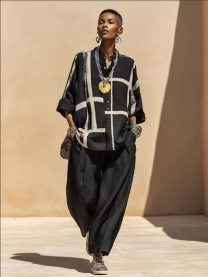 Geometric Print Linen Two Piece Shirt & Wide Leg Pant Set