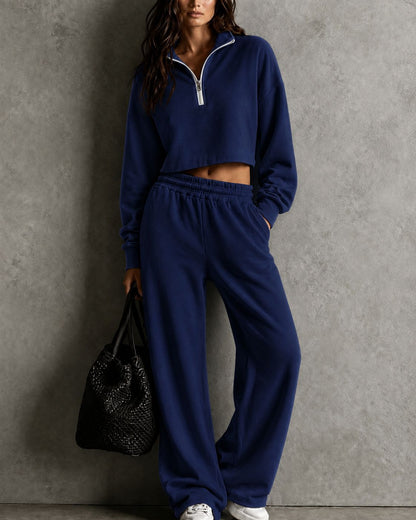 Half‑Zip Cropped Sweatshirt & Wide‑Leg Sweatpants Two‑Piece Set