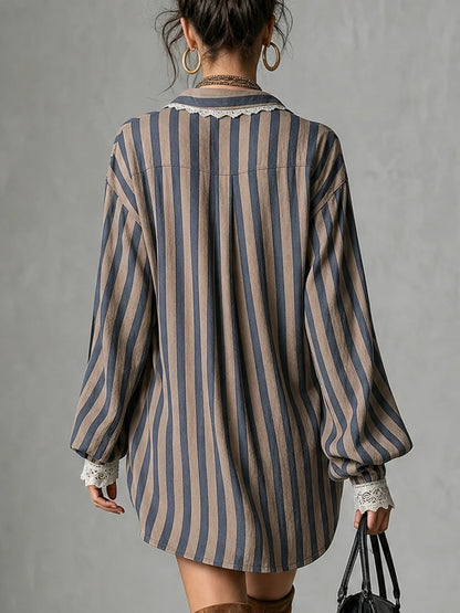 Women Boho Striped Lace Patchwork Tunic Shirt Loose Long Sleeve Casual Blouse Top