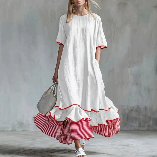 Linen Piping Stripe Ruffle Hem Loose Maxi Dress