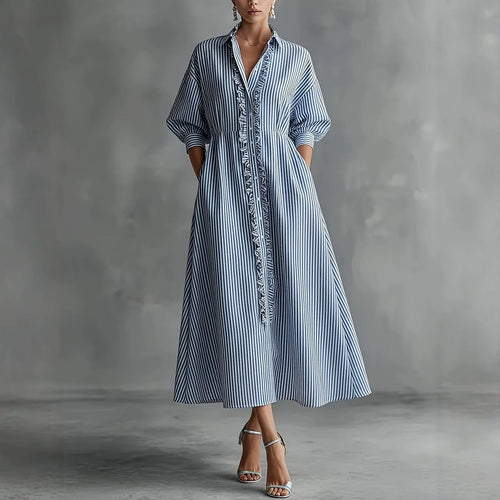 Blue‑White Stripe Ruffle Trim Shirt Midi Dress