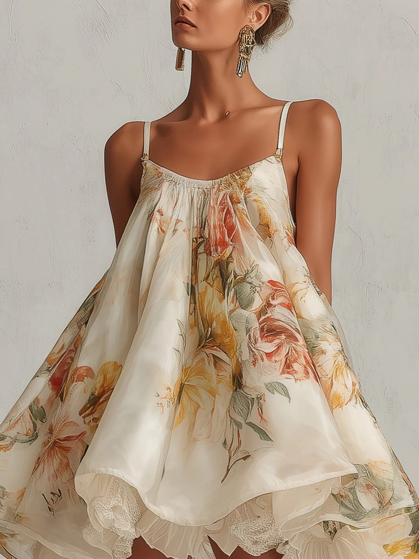 Women's Vintage Floral Print Spaghetti‑Strap High‑Low Ruffle Mini Dress