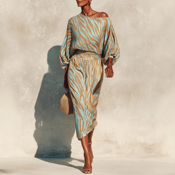 One Shoulder Balloon Sleeve Abstract Print Wrap Midi Dress