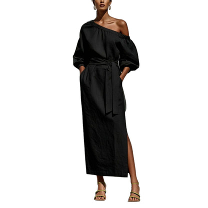 Linen One Shoulder Puff Sleeve Tie Waist Side Slit Midi Dress