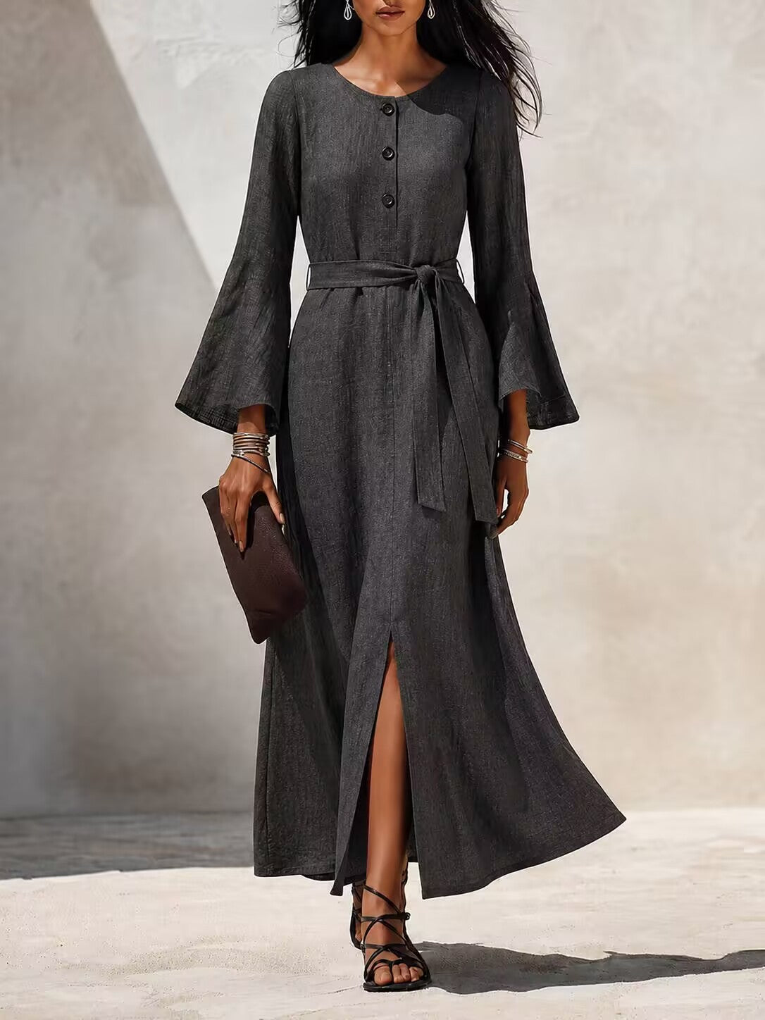 Linen‑Blend Flare‑Sleeve Maxi Dress