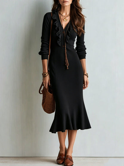 Ruffle V-Neck Knit Midi Dress with Mermaid Hem