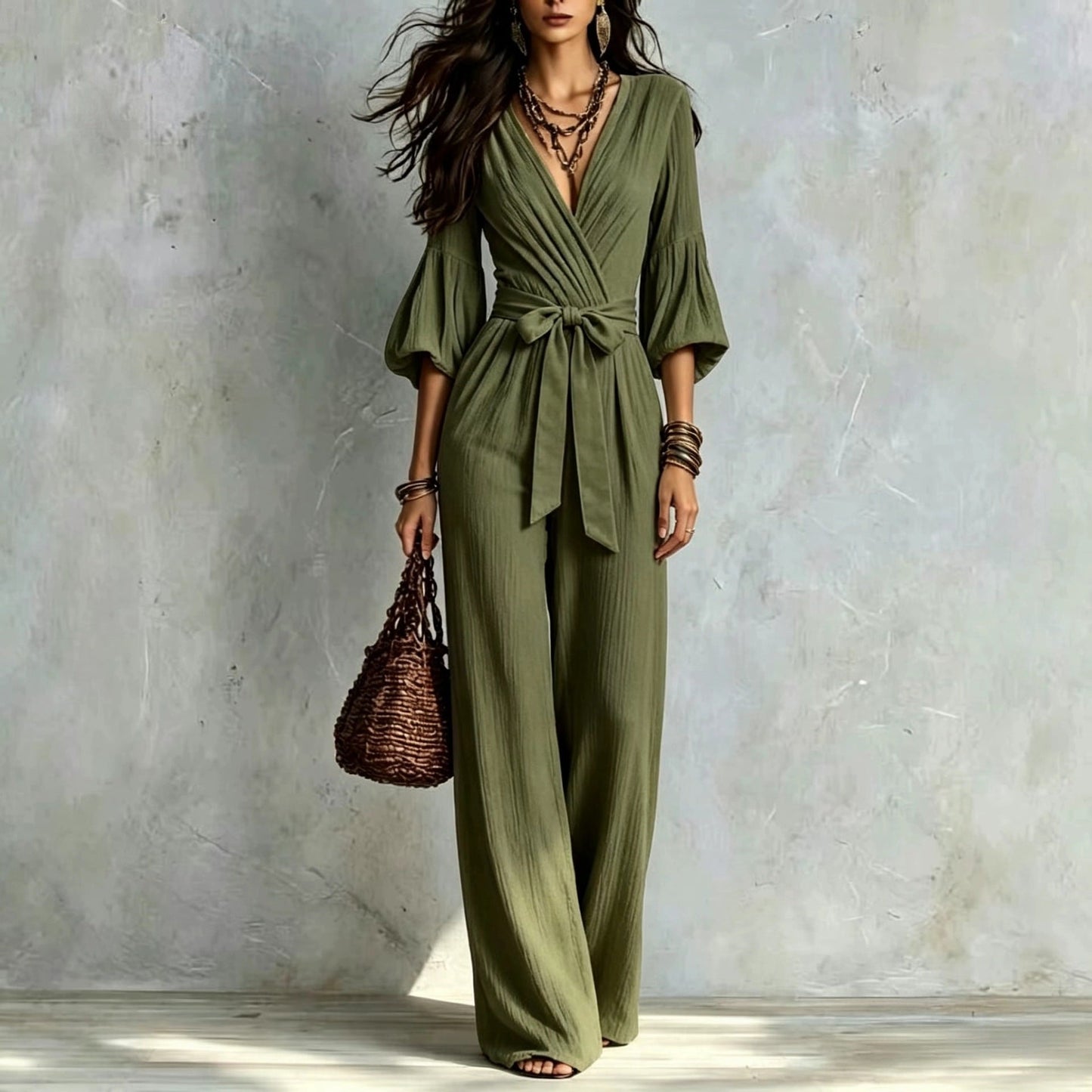 V‑Neck Wrap Belted Textured Wide‑Leg Jumpsuit With Balloon Sleeves