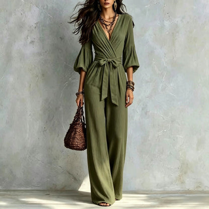 V‑Neck Wrap Belted Textured Wide‑Leg Jumpsuit With Balloon Sleeves