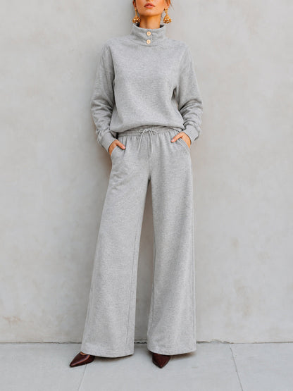 Mock‑Neck Button‑Detail Sweatshirt & Wide‑Leg Drawstring Pants Two‑Piece Set - gray / S