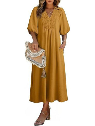 Smocked V‑Neck Puff‑Sleeve Midi Dress