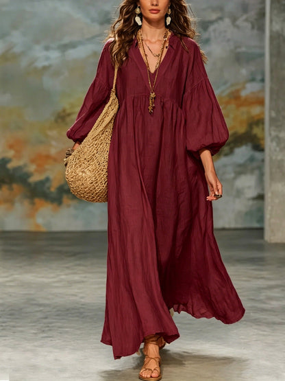 Boho V‑Neck Balloon Sleeve Linen‑Blend Maxi Dress