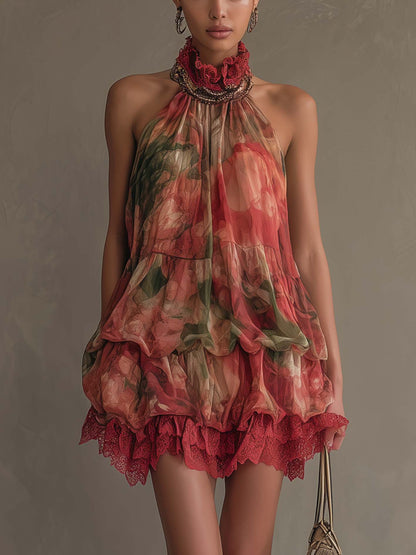 Romantic Floral Halter Tiered Lace Trim Mini Dress