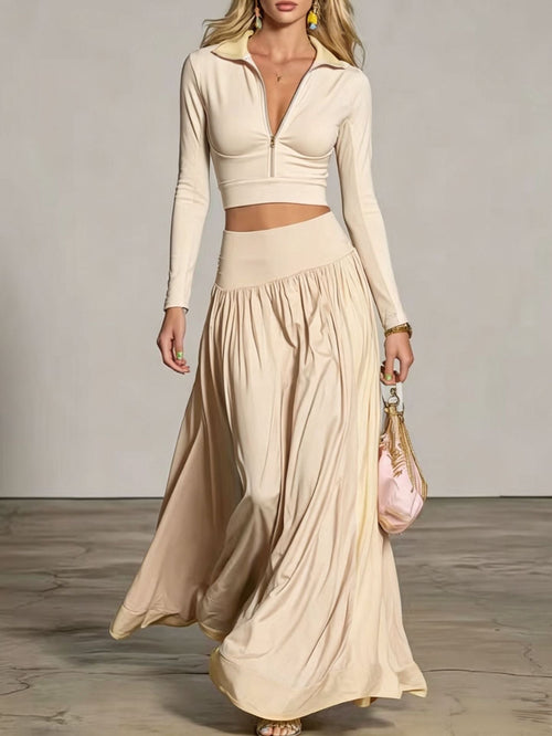 Half‑Zip Crop Top & High‑Waist Flowy Maxi Skirt Two‑Piece Set