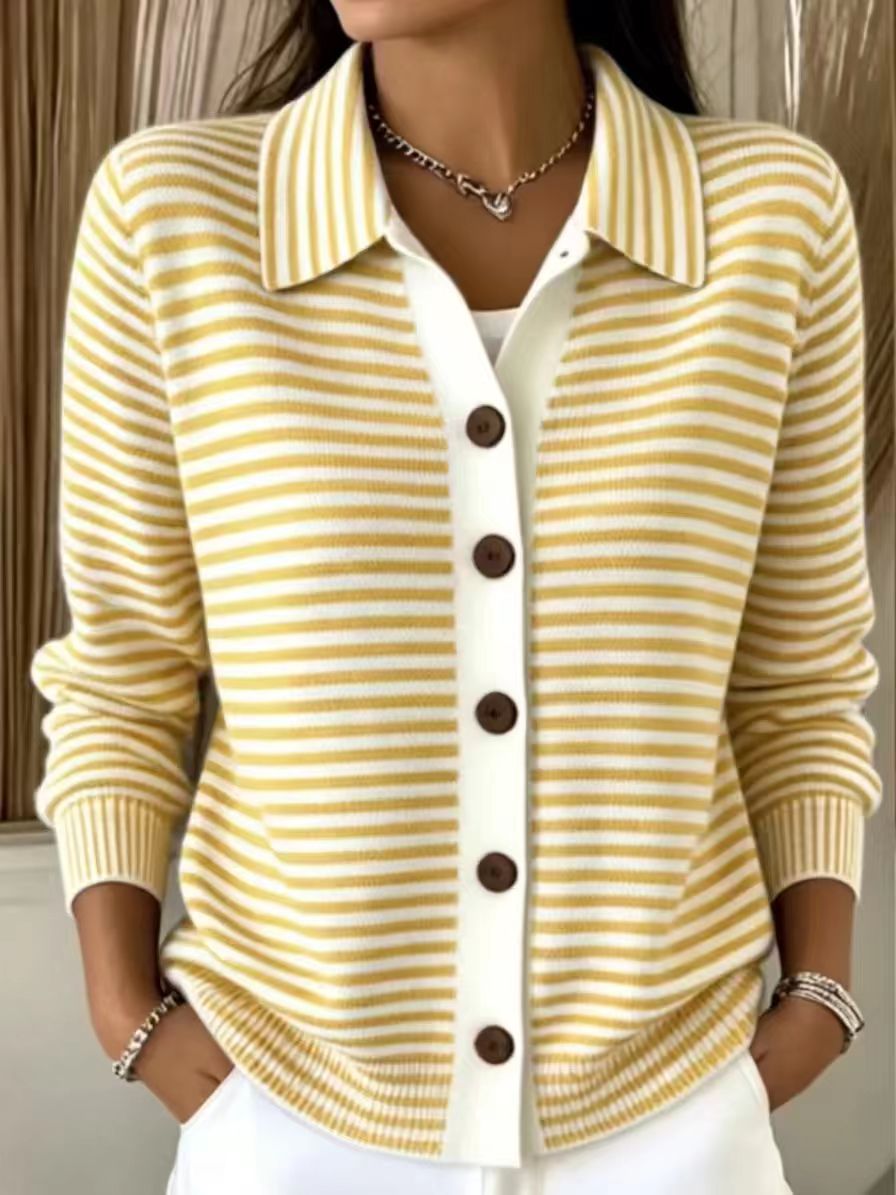 Women's Green‑White Stripe Collared Button Front Knit Cardigan