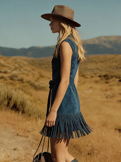 Teal Western‑Style Sleeveless Fringe Mini Dress