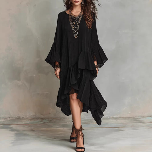Crinkled Textured Oversized Bell Sleeve Asymmetrical Ruffle High Low Midi Dress