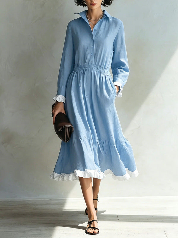 Button-Down Shirt Dress with White Ruffle Trim