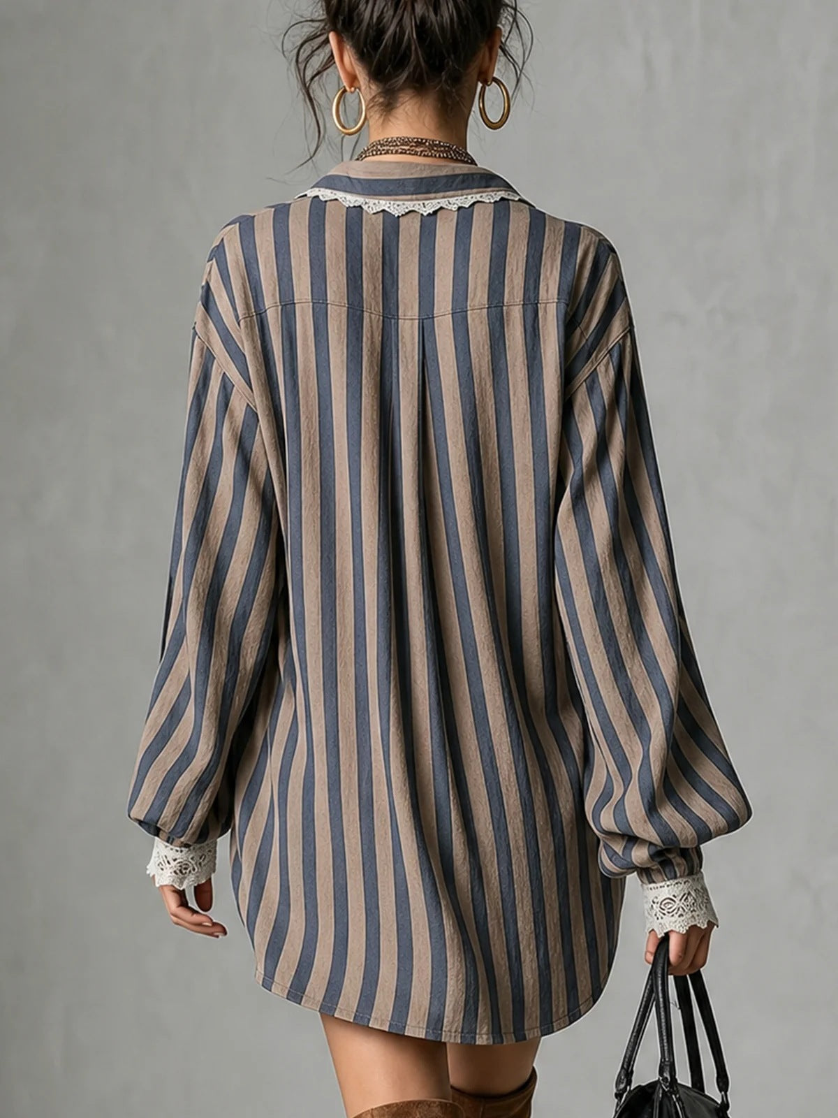 Women Boho Striped Lace Patchwork Tunic Shirt Loose Long Sleeve Casual Blouse Top