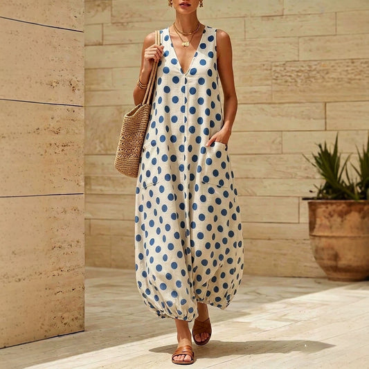 Vintage Polka Dot Sleeveless V-Neck Midi Dress with Side Pockets